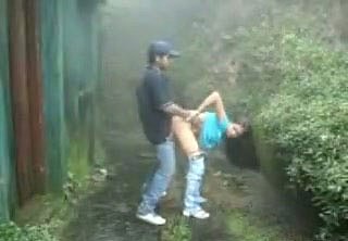 Nice blowjob outdoors by the dark haired young bitch
